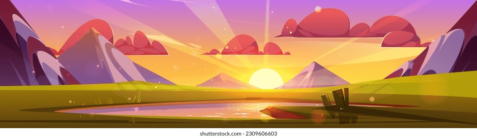 Cartoon sunrise above lake in mountain valley. Vector illustration of beautiful natural landscape with high rocks, green field, morning sunlight sparkling on water surface. Travel banner background