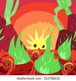 Cartoon sunrise in hell flat greeting card. The funny halloween vector postcard illustration for ui, web games, tablets, wallpapers, and patterns.