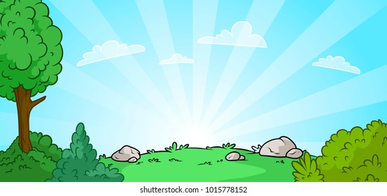 Cartoon sunrise nature landscape with tree and green grass vector background. Gift card.