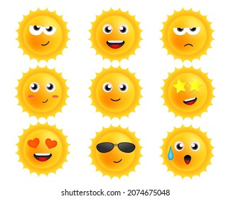Cartoon suns with emotions. Vector sticker set with faces. Cute characters