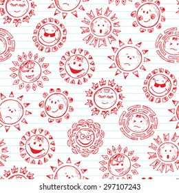Cartoon Suns Seamless pattern. Hand drawn doodle illustration. Kids wallpaper.