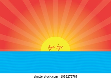 Cartoon sunset background. Sea and sunset simple design. Sun says bye bye. Childrens books concept.