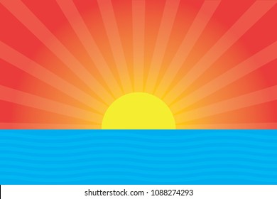 Cartoon sunset background. Sea and sunset simple design.