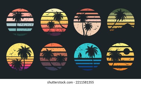 Insignias de gradiente de círculo al atardecer, emblemas de grunge al amanecer. Playa de verano de palmeras, insignias de estilo años 80, paisaje de atardecer tropical, símbolos vectores planos de los años 90. Sellos de textura degradados