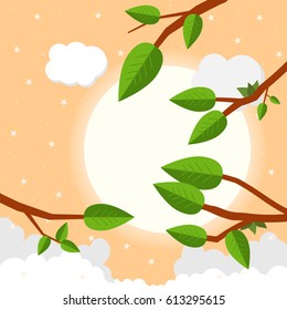Cartoon sunset with clouds. Flat vector illustration, trees, leaf and sun.