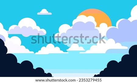 Cartoon of a sunset with clouds and a sun in the sky above it and a blue sky with white clouds, colorful clouds, a matte painting, color field. Cartoon anime background.