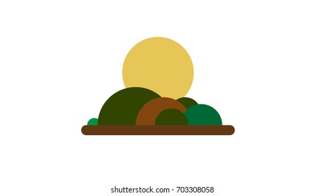 Cartoon sunset hilly landscape with forest. Nature illustration.