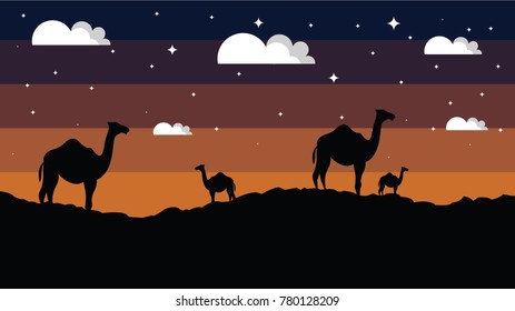 Cartoon sunset Mountain Landscape Background with trees and fields. Copy Space.