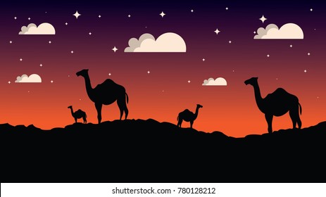 Cartoon sunset Mountain Landscape Background with trees and fields. Copy Space.