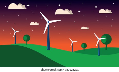 Cartoon sunset Mountain Landscape Background with trees and fields. Copy Space.
