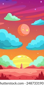 Cartoon sunset with planet in sky and nature elements