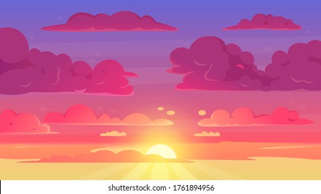 Cielo de la puesta de sol de las caricaturas. Paisaje de las nubes del cielo violeta y amarilla degradado, ilustración de fondo del vector panorámico de la puesta de sol por la noche. Dibujo del cielo de la puesta del sol, amanecer de la escena del sol