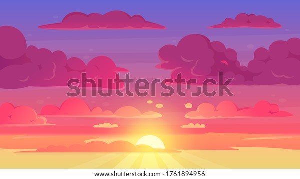 漫画の夕焼けの空 紫と黄色のグラデーション空雲の風景 夕焼けの天パノラマベクター画像背景イラスト 日没の空の漫画 日の出の日の出 のベクター画像素材 ロイヤリティフリー