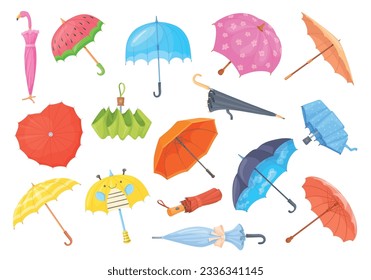 Cartoon sunshades. Colorful umbrellas, fashion parasols for sun or rain weather seasons, uncover and folded umbrella funny kid parasol with cute flowers, neat vector illustration of parasol weather