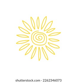 Cartoon sunshine icon or logo. Children nursery decoration with sunny day designs. Kid happy morning vector. Warm shining beams
