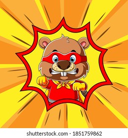 The cartoon of the super beaver doing the poses with his best costume in the frame