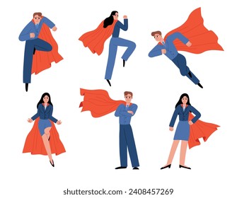 Cartoon super business people characters. Men and women in formal suits and red capes, office employees are superheroes, vector set.eps
