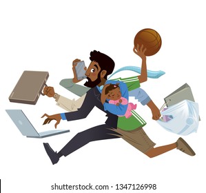 Cartoon Super Busy Black Man And Father Multitask Doing Many Works Running To The Office Shopping Playing Basketball Working And Talking On The Phone While His Baby Girl Sleeping