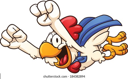 Cartoon super chicken flying. Vector clip art illustration with simple gradients. All in a single layer.