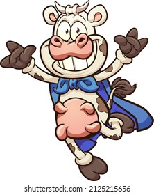 Cartoon super cow skipping. Vector clip art illustration with simple gradients. All on a single layer.
