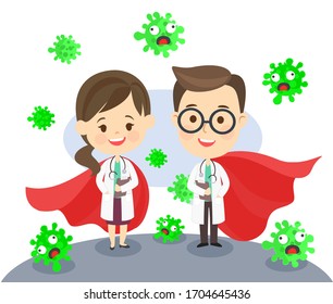 Cartoon Super doctor and Virus Vector 