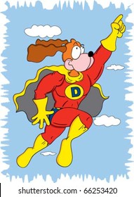 Cartoon Super Dog soaring through the sky