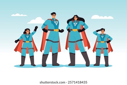 Cartoon super family. Heroic parents and children in cloak capes and similar suits, comic characters posing together, vector illustration