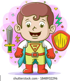 The cartoon of the super father with his best costume and using the red shoes with the sword around him