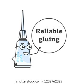 Cartoon super glue with glasses shows on the board - glue securely. Isolated vector illustration on white background