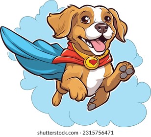 Cartoon Super Happy Dog Flying In The Sky , Tshirt Design , Vector illustration