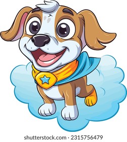 Cartoon Super Happy Dog Flying In The Sky , Tshirt Design , Vector illustration