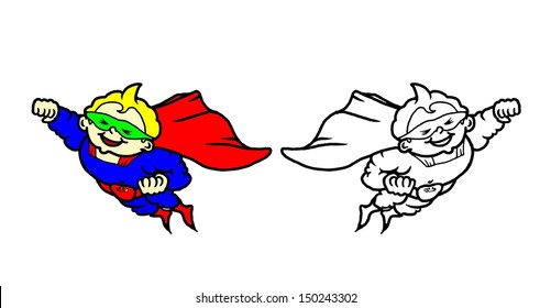 Cartoon of super hero baby with a cape flying in the air. 