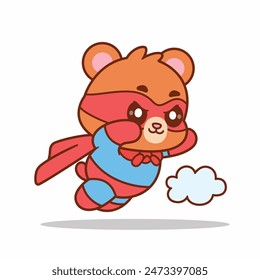 Cartoon Super Hero Bear Flying Cute Vector Illustration. Animals Holidays Icon Isolated Vector.