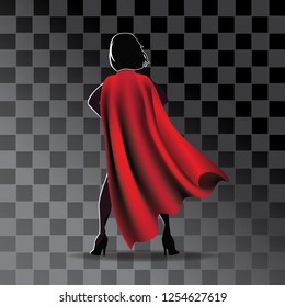 Cartoon super hero cape on woman's silhouette with transparent shadow. Eps10 vector illustration.