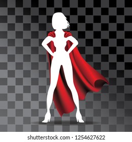 Cartoon super hero cape on woman's silhouette with transparent shadow. Eps10 vector illustration.