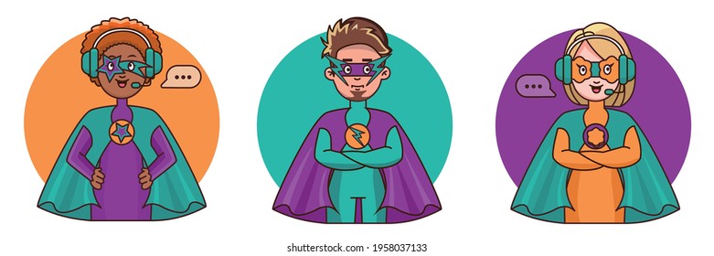 Cartoon super hero character. Vector cute kawaii set superheros emojis isolated