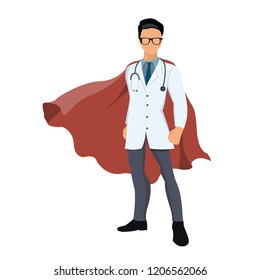 Cartoon Super Hero Doctor With Red Cape.