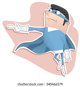 Cartoon super hero flying and pointing on something.