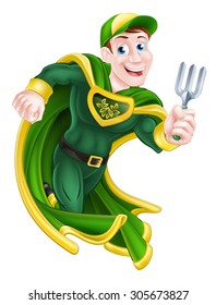 A cartoon super hero gardener character holding a garden fork tool