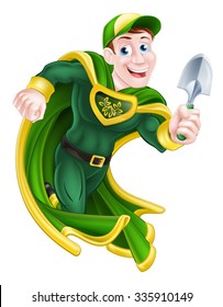 A cartoon super hero gardener character holding a garden trowel tool