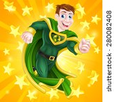 A cartoon super hero man with a green and yellow cape and costume and an earth globe symbol on his chest with stars background