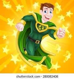 A cartoon super hero man with a green and yellow cape and costume and an earth globe symbol on his chest with stars background