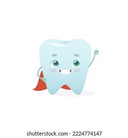 Cartoon super hero tooth. Cute dental mascot for kids clinic. Tooth with wide smiling  face in superman costume.