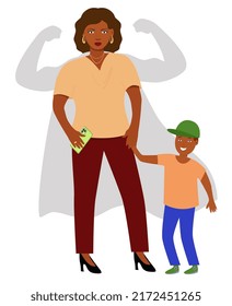 Cartoon super mom holding son's hand. Family and motherhood . Happy superhero Multiracial mother and son flat vector illustration. A strong and independent. 