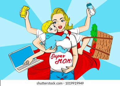 cartoon super mom on the blue background
