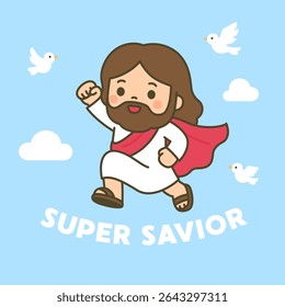 Cartoon Super Savior Jesus Flying with Cape and Doves on Blue Sky Vector Illustration for gospel, t shirt, flyer, sunday school, kid nursery