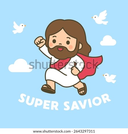 Cartoon Super Savior Jesus Flying with Cape and Doves on Blue Sky Vector Illustration for gospel, t shirt, flyer, sunday school, kid nursery
