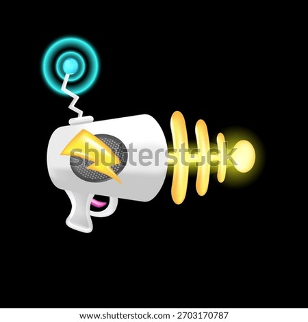 Cartoon super space energy blaster isolated on black background. Retro game label or icon with vintage space laser pistol gun. Tesla electric coil gun