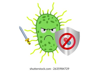 Cartoon Superbug with Sword and Anti-Antibiotics Shield , Antimicrobial Resistance Illustration for Medical and Educational Use