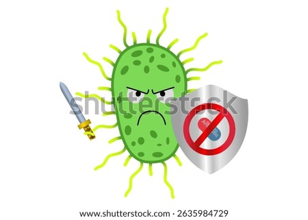 Cartoon Superbug with Sword and Anti-Antibiotics Shield , Antimicrobial Resistance Illustration for Medical and Educational Use